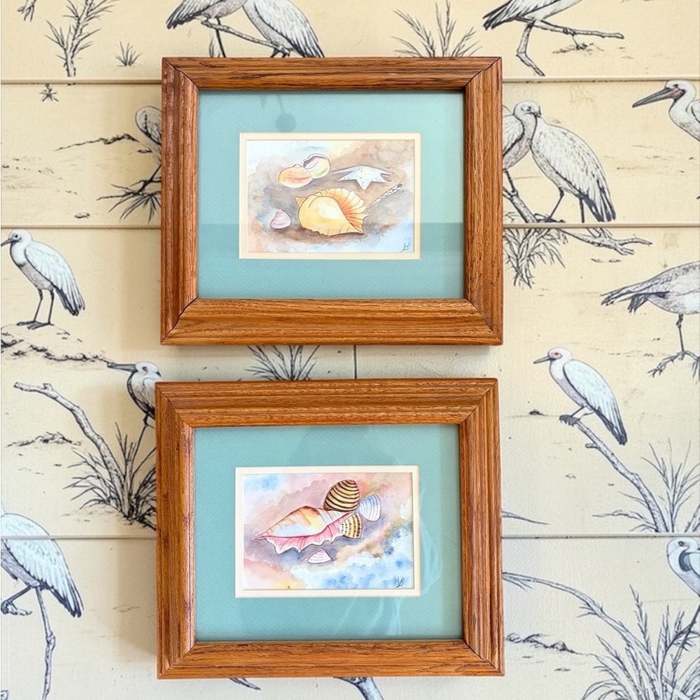 Vintage Teal & Oak Framed Seashell Watercolor Prints